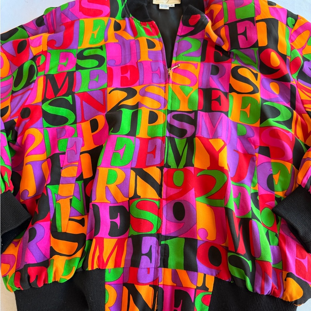 Vintage Spenser Jeremy Colorful Alphabet & Numbers Silk Bomber Jacket Sz Medium - Picture 2 of 9